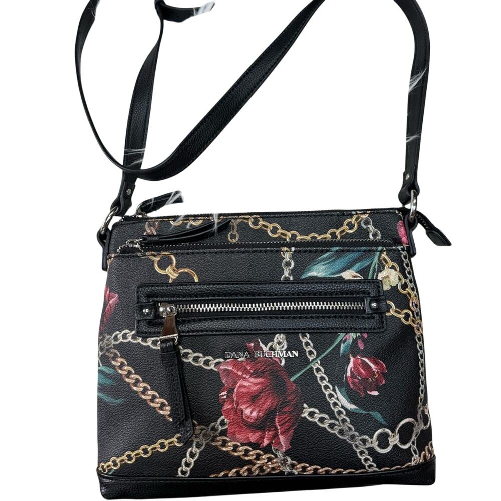 Dana Buchman Black & Red Floral Crossbody Bag w/ Chain Strap